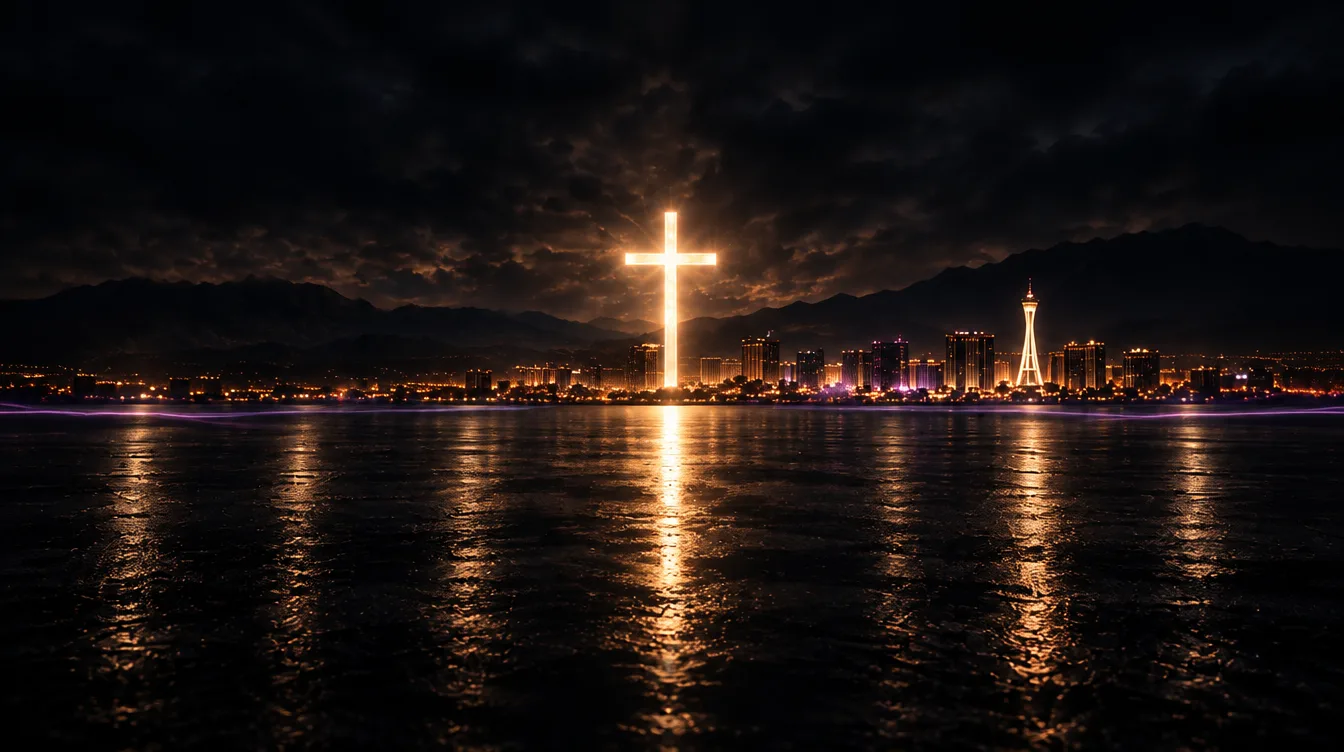 Las Vegas skyline beneath a glowing cross